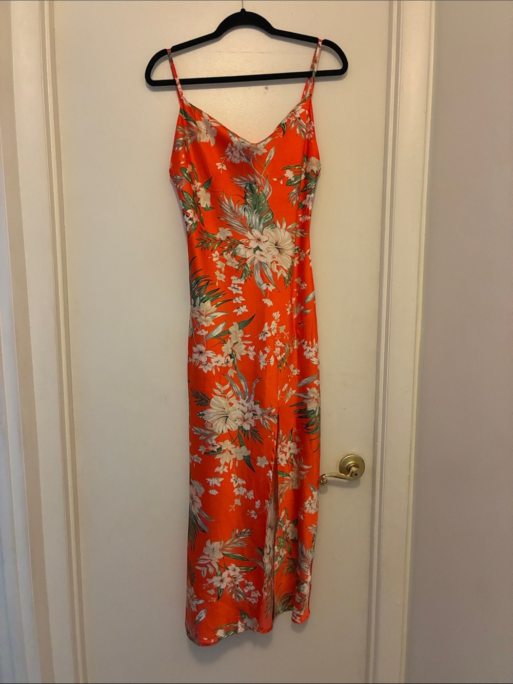 Orange Floral Maxi Slip Dress with Spaghetti Straps